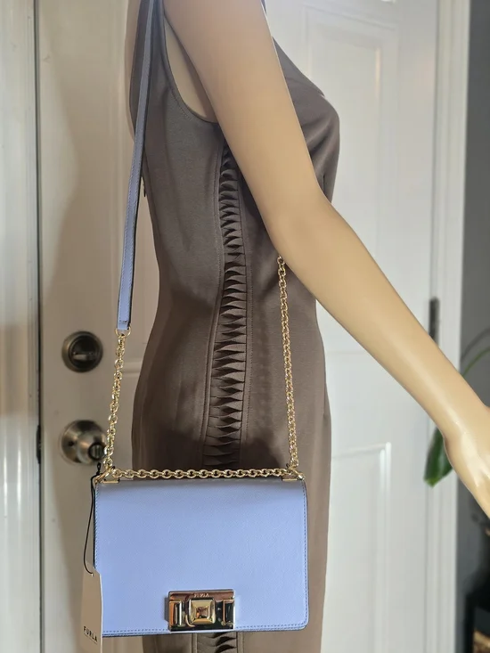 New Furla Light Blue Leather Shoulder Bag with Gold Chain - Picture 14 of 14